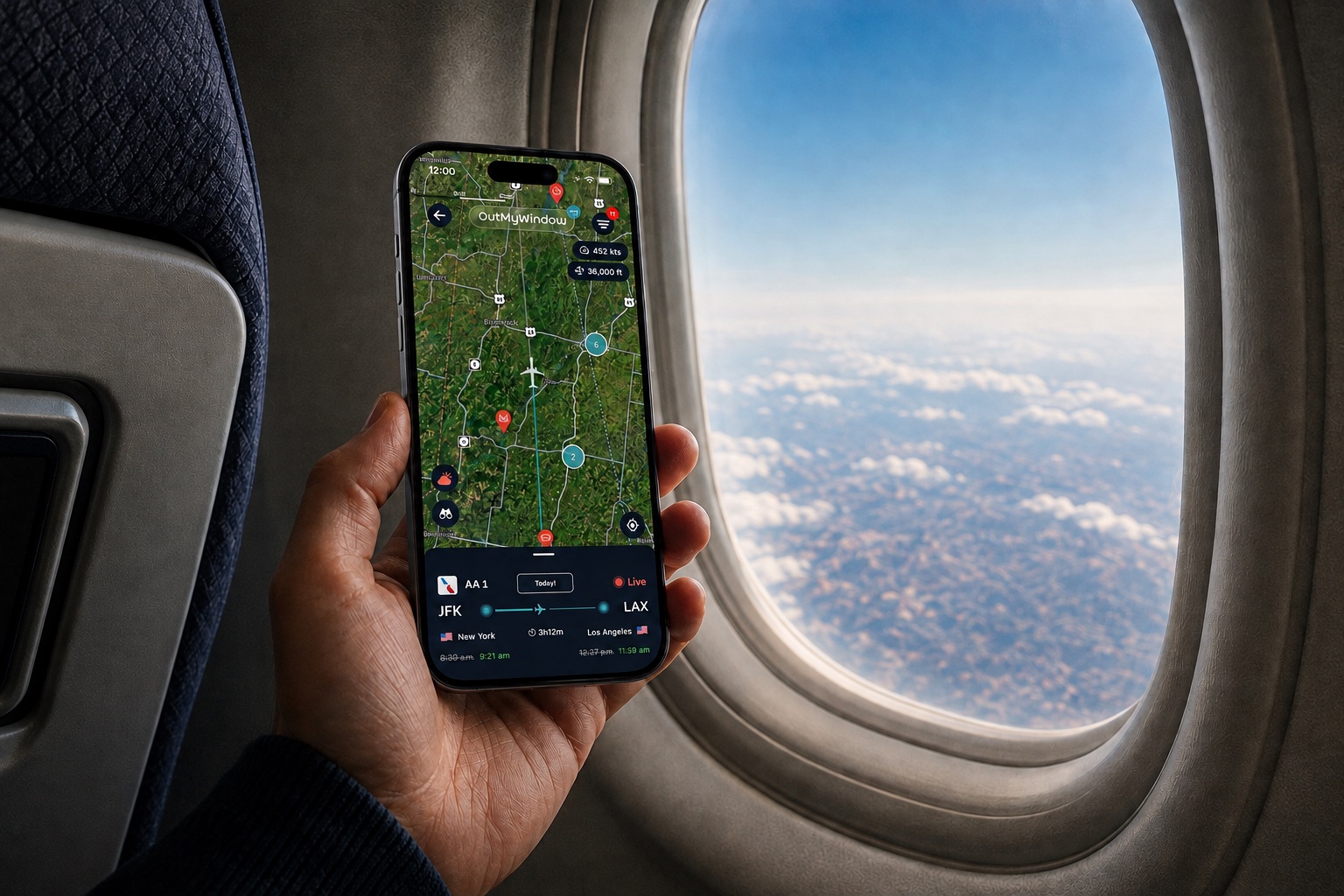 A passenger holding a phone displaying OutMyWindow beside an airplane window overlooking clouds and the landscape below